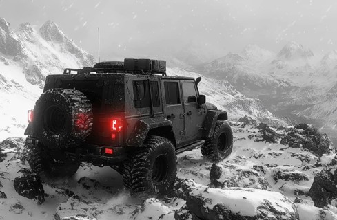 A black SUV navigating snowy rocky terrain with mountains in the background, during a snowstorm, AI