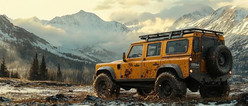 Rugged SUV navigating off-road terrain against a backdrop of scenic, snow-capped mountains, AI