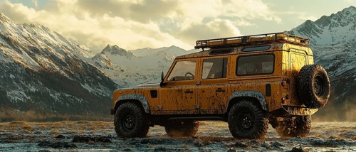 Rugged SUV driving off-road in a scenic mountainous area with snow-capped peaks in the background,