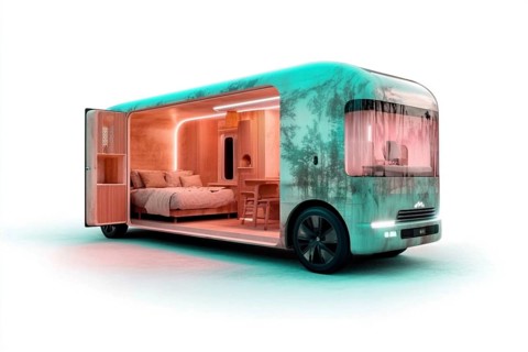 Modern van with a minimalist interior, featuring a bed and desk, with wood elements and a cozy