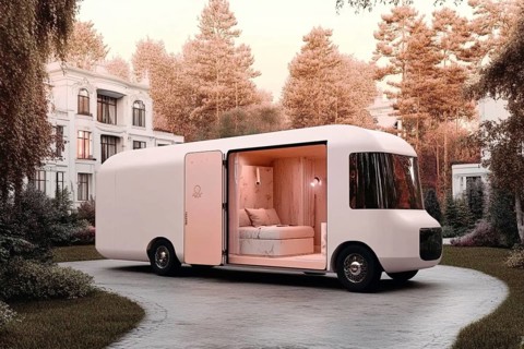 Sleek white caravan with a luxurious, open interior parked near classic architecture with a serene