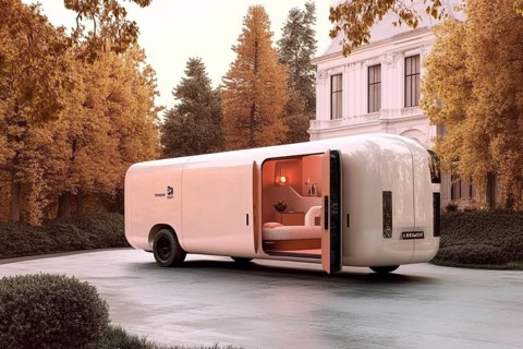 Elegant white modern van parked in an urban setting with a luxurious and sleek design and interior,
