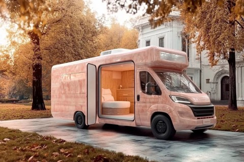 Luxurious pink caravan with an open interior parked near classic architecture in an autumn setting,