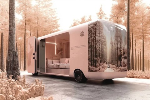 The pink modern caravan with glass doors set in the forest offers a luxurious and open interior, AI