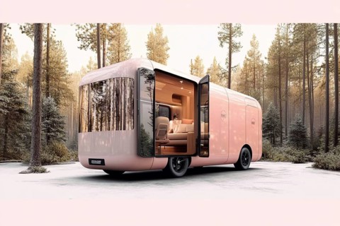 Luxurious pink caravan in the forest featuring glass doors and an open, stylish interior design, AI