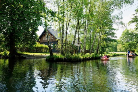Paddling in the Spree Forest or Spreewald biosphere landscape, Brandenburg, Germany, Europe