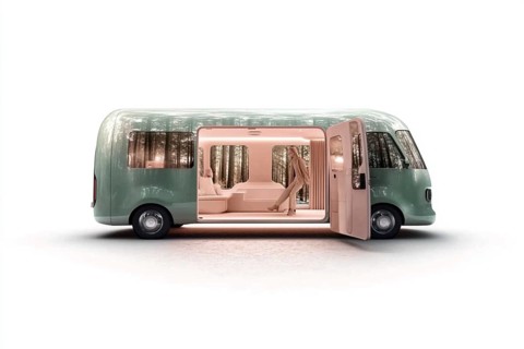 Luxurious modern green van with a sleek design showcasing a cozy and spacious interior, AI