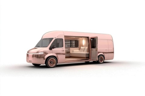 Modern pink van with a luxurious, sleek design and a cozy, well-lit interior, AI generated