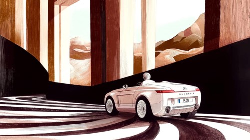 An illustration of a convertible driving on a winding road surrounded by modern architecture and