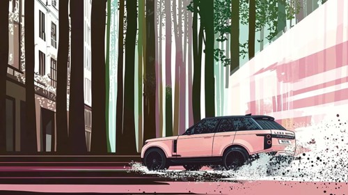 An illustration of an SUV speeding through a forest, creating a vibrant streak of pink and white,