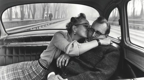 A black and white vintage photograph of a couple kissing inside a classic car, creating a nostalgic