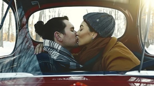 A couple sharing a kiss in a car during winter, both dressed warmly in scarves and hats, AI