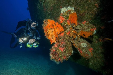 Diver with special equipment Stages additional diving cylinders for different gas mixtures