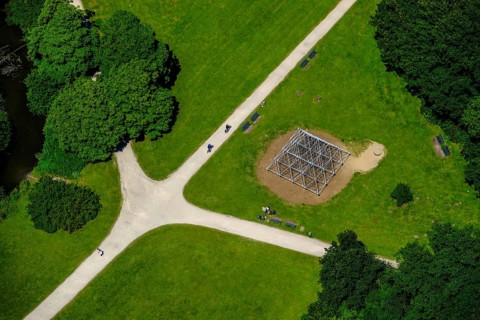 Climbing pyramid in Herten Castle Park. Ruhr area, North Rhine-Westphalia, Germany, Europe