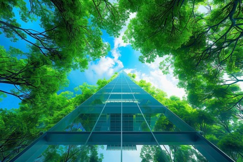 Futuristic representation of glass pyramid house in the forest, AI generated