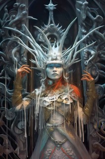 White Goddess wearing a crown made of horns in front of a surrealistic gate, AI generated
