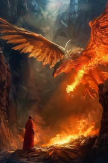 Dante crossing the path of a fire breathing griffon during his journey into inferno, AI generated