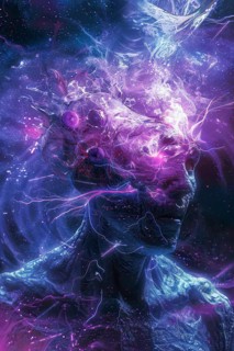 Cosmic Mind made of darkness and light looking as humanoid and showing a Brain Activity Network, AI