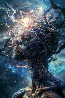 Cosmic Mind made of darkness and light looking as humanoid and showing a Brain Activity Network, AI