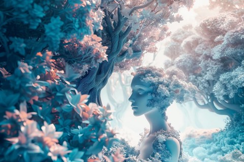 Ethereal surrealistic representation of a young woman dreaming in a pink surrealistic garden, AI