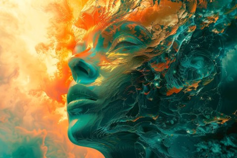Ethereal surrealistic representation of a young woman's head, AI generated