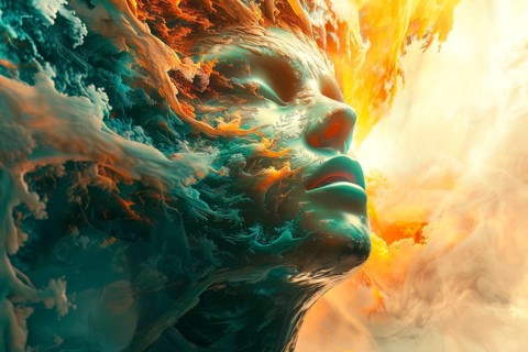 Ethereal surrealistic representation of a young woman's head, AI generated