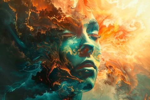 Ethereal surrealistic representation of a young woman's head, AI generated