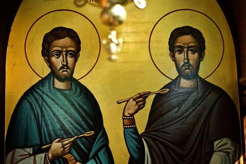 Painting representing Cosmas and Damian at the Sts Anargyroi church in Nairobi Kenya . Cosmas and