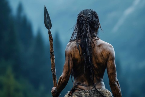 Back view of prehistoric woman with spear on hunt. Generative Ai, AI generated