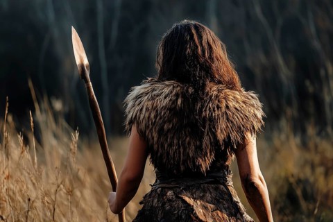 Back view of prehistoric woman with fur and spear on hunt. Generative Ai, AI generated