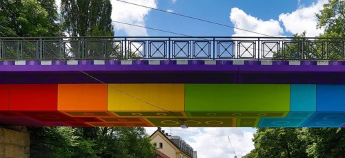 Lego bridge 2.0, designed by the street artist Martin Heuwold, Wuppertal, Bergisches Land, North
