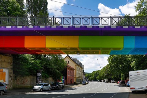 Lego bridge 2.0, designed by the street artist Martin Heuwold, Wuppertal, Bergisches Land, North