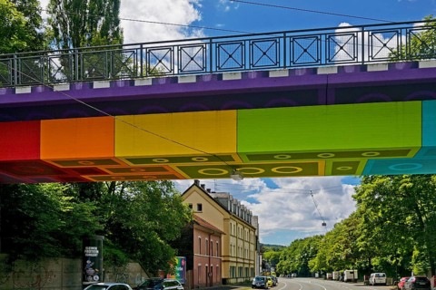 Lego bridge 2.0, designed by the street artist Martin Heuwold, Wuppertal, Bergisches Land, North
