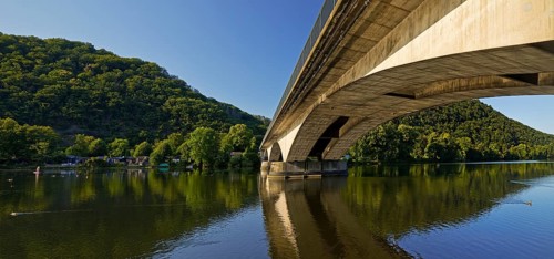 Panorama of Lake Hengstey with the Syberg Ruhr Bridge, Dortmund, North Rhine-Westphalia, Germany,