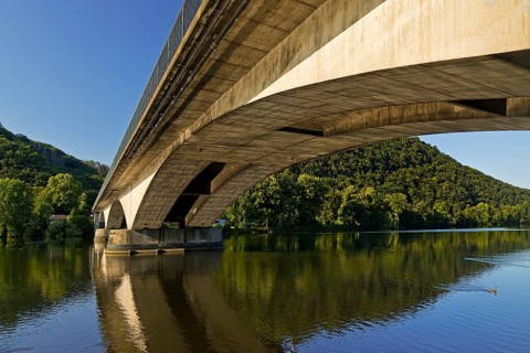Panorama of Lake Hengstey with the Syberg Ruhr Bridge, Dortmund, North Rhine-Westphalia, Germany,
