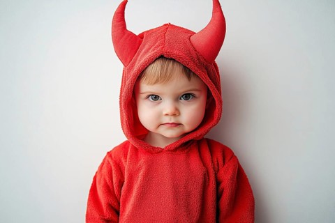 Boy child wearing red Halloween devil costume hoodie with horns in front of white background.