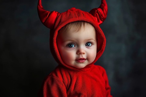 Cute baby wearing red Halloween devil costume hoodie with horns. Generative Ai, AI generated