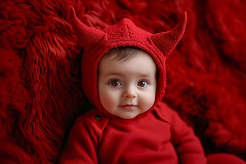 Cute baby wearing red Halloween devil costume hoodie with horns. Generative Ai, AI generated