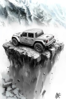 White Jeep perched precariously on a snowy mountain cliff edge, embodying a dramatic, adventurous