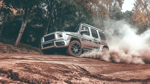 An SUV drifting through a dirt road in a forest, stirring up dust in a powerful, action-packed