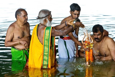 Head priest Siva Sri Arumugam Paskarakurukkal in the Datteln-Hamm canal during ritual purification,