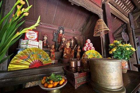 Altar in the Buddhist Thay Temple or Chua Thay or Master Temple, Sai Son Village, Hanoi Province,