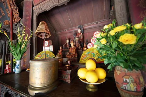 Altar in the Buddhist Thay Temple or Chua Thay or Master Temple, Sai Son Village, Hanoi Province,