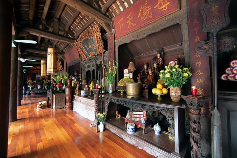 Altars in the Buddhist Thay Temple or Chua Thay or Master Temple, Sai Son Village, Hanoi Province,