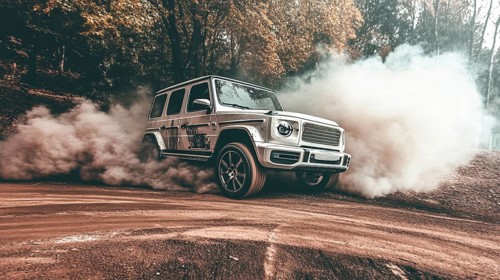 A white SUV drifting on a dirt road with plumes of smoke in a forest during autumn, AI generated
