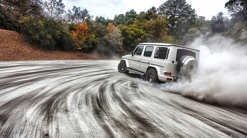 A white SUV drifting on a road surrounded by autumn trees, creating plumes of white smoke, AI
