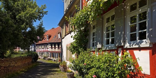 Listed half-timbered houses on the Burggraben in the historic centre of Frankfurt-Höchst, Frankfurt
