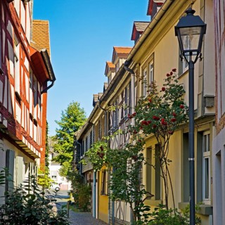 Alley with heritage-protected half-timbered houses in the historic centre of Frankfurt-Höchst,