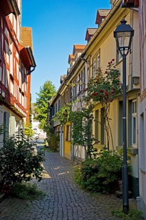 Alley with heritage-protected half-timbered houses in the historic centre of Frankfurt-Höchst,
