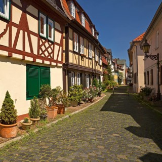 Listed half-timbered houses in the street Alt Höchst in the historic centre of Frankfurt-Höchst,